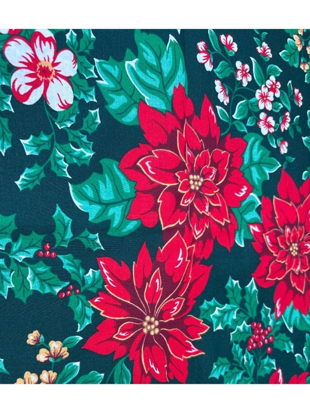 Christmas Fabric Country Red Green Poinsettias Holly Cotton Material 31”x44”